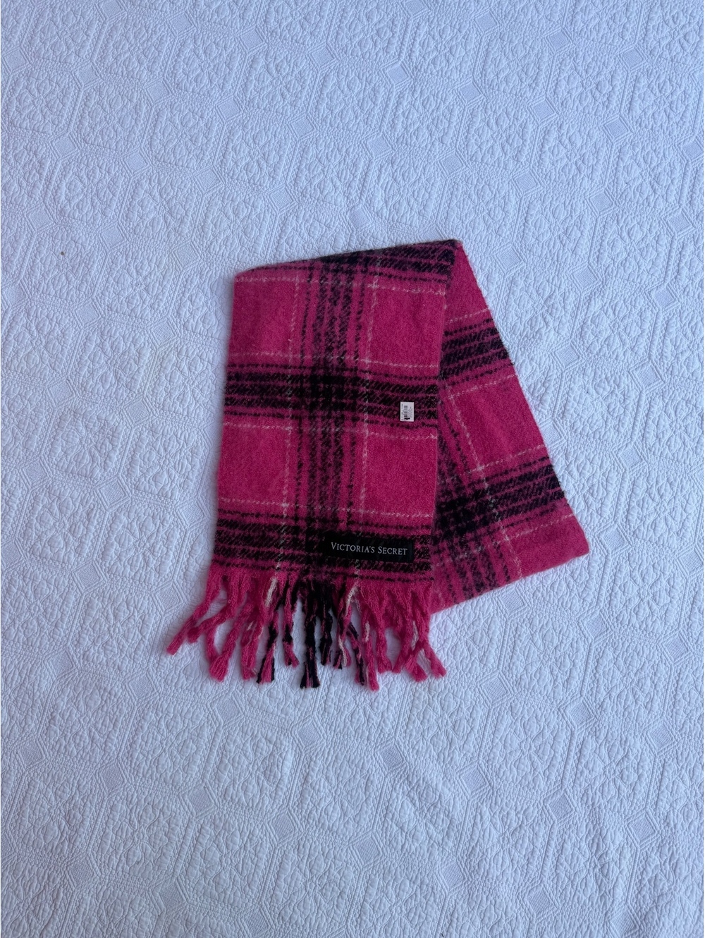 Y2K Victoria's Secret Pink and Black Plaid Wool Blend Scarf with Fringe